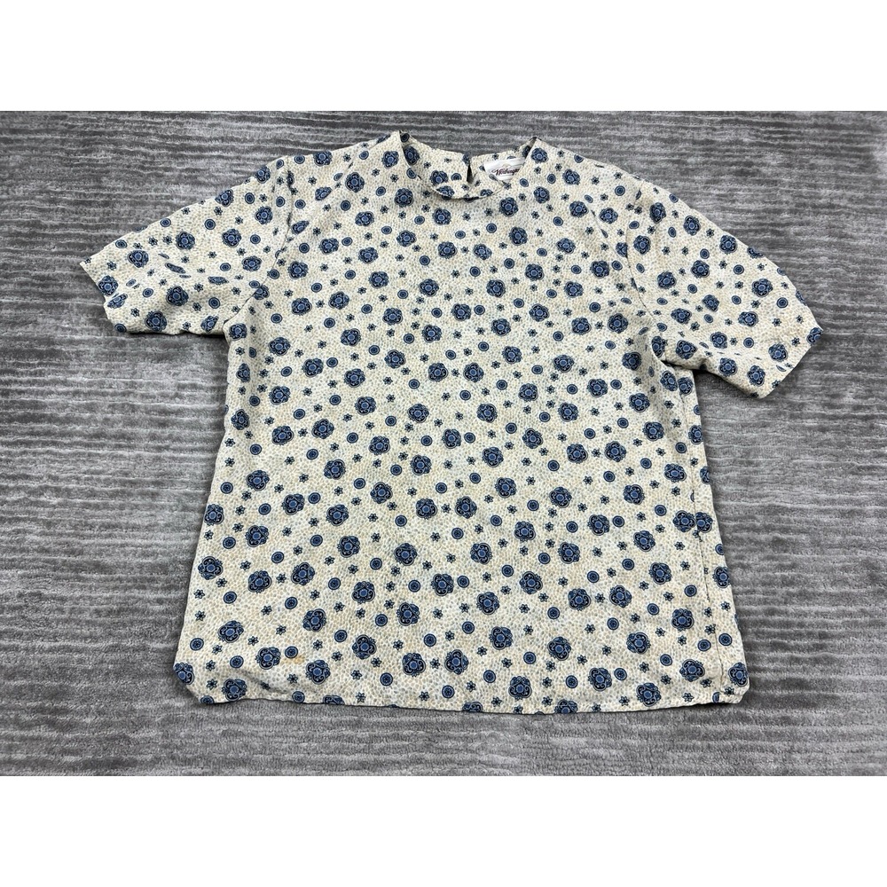 Worthington Blouse Womens Petite Medium Blue Floral Medallion Short Sleeve Top